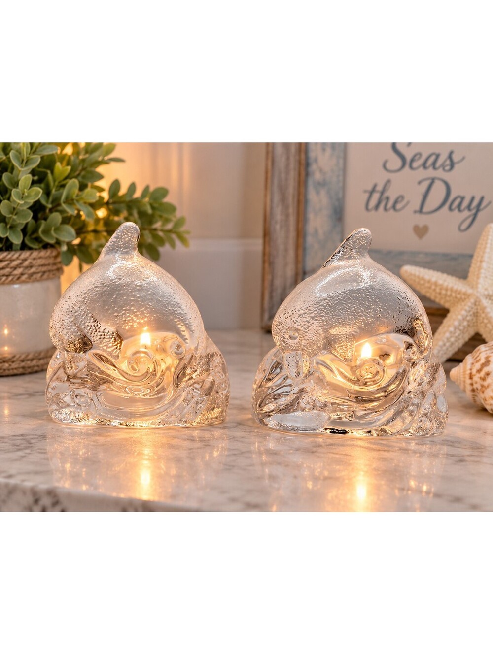 Vintage PartyLite Dolphin Waves Glass Tealight Holders Pair w/ Original Sticker